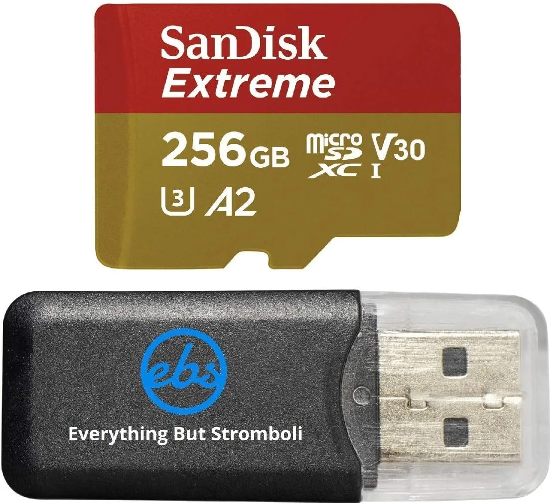 SanDisk Extreme 256GB MicroSD Card for Mavic Mini 2 DJI Drone Flycam - Class 10 4K UHD U3 A2 V30 SDXC (SDSQXAV-256G-GN6MN) Bundle with (1) Everything But Stromboli MicroSDXC Memory Card Reader