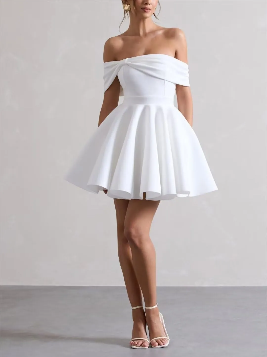 Satin Wedding Dresses for Bride Off Shoulder Bowknot Short Homecoming Dresses for Teens Puffy Sleeve Prom Party Gown