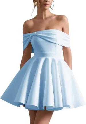 Satin Wedding Dresses for Bride Off Shoulder Bowknot Short Homecoming Dresses for Teens Puffy Sleeve Prom Party Gown