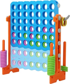 SDADI Height Adjustable Giant 4 in a Row Connect Game, 2-in-1 Jumbo 4-to-Score Game with Ring Toss Game Set, Indoor Outdoor Yard Game Party Game for Kids Adults and Family, Orange