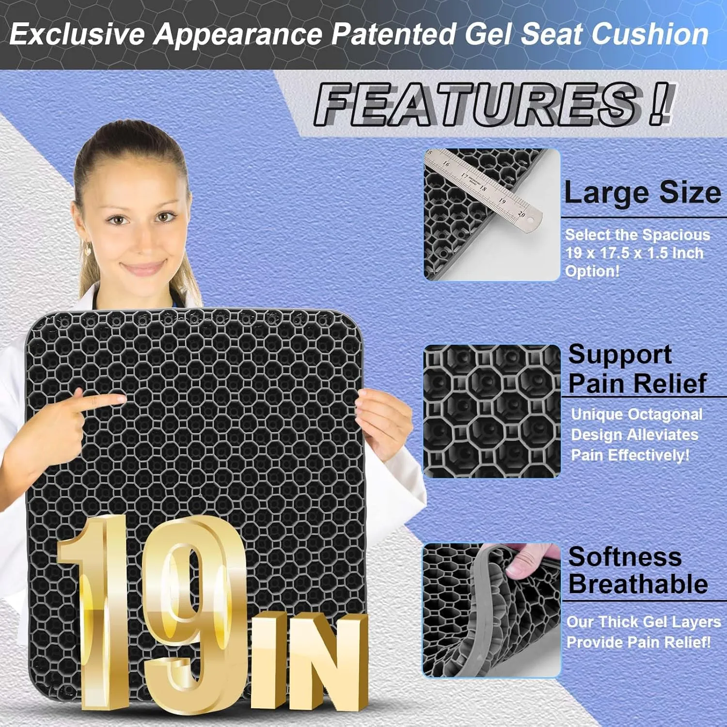 Seat Cushion, Gel Seat Cushion for Long Sitting– Back, Sciatica, Tailbone Pain Relief Pad, 19in Seat Pad for Car, Office Chair, Wheelchair, Soft Support for Long Trips