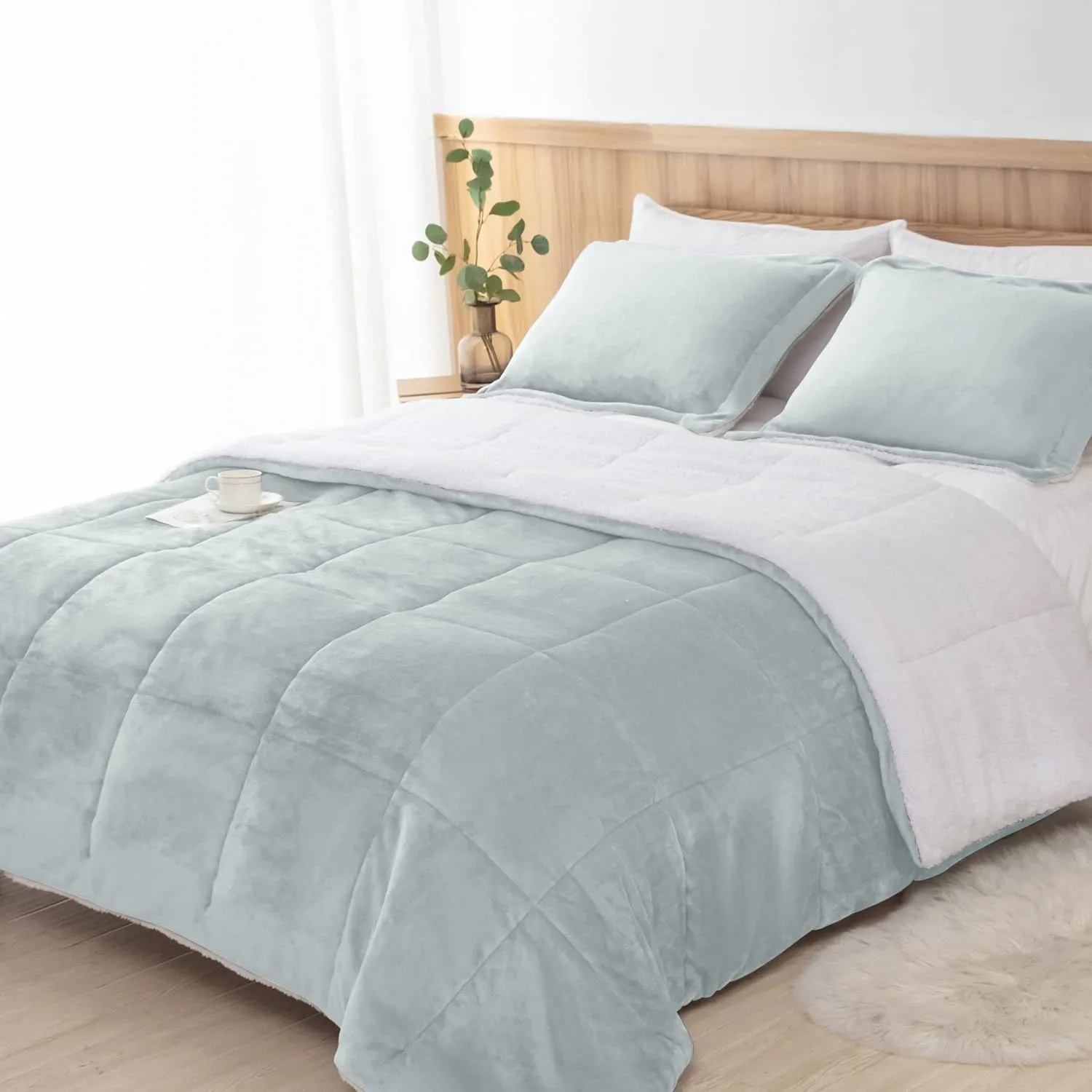 Seward Park Silver Grey Sherpa Comforter Set Full Queen Size, All Season Soft Warm Fleece Blanket, Winter Bedding Sets with 2 Pillow Shams