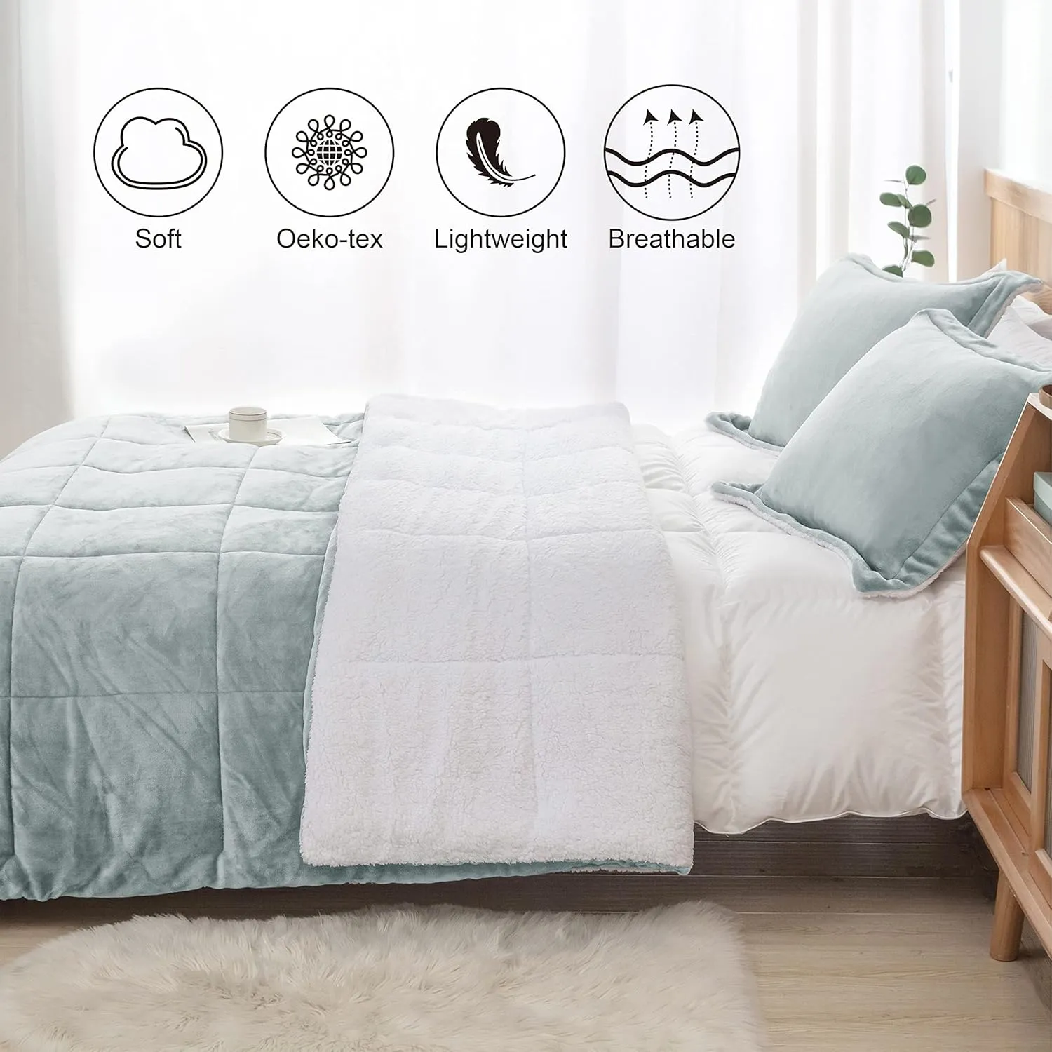 Seward Park Silver Grey Sherpa Comforter Set Full Queen Size, All Season Soft Warm Fleece Blanket, Winter Bedding Sets with 2 Pillow Shams