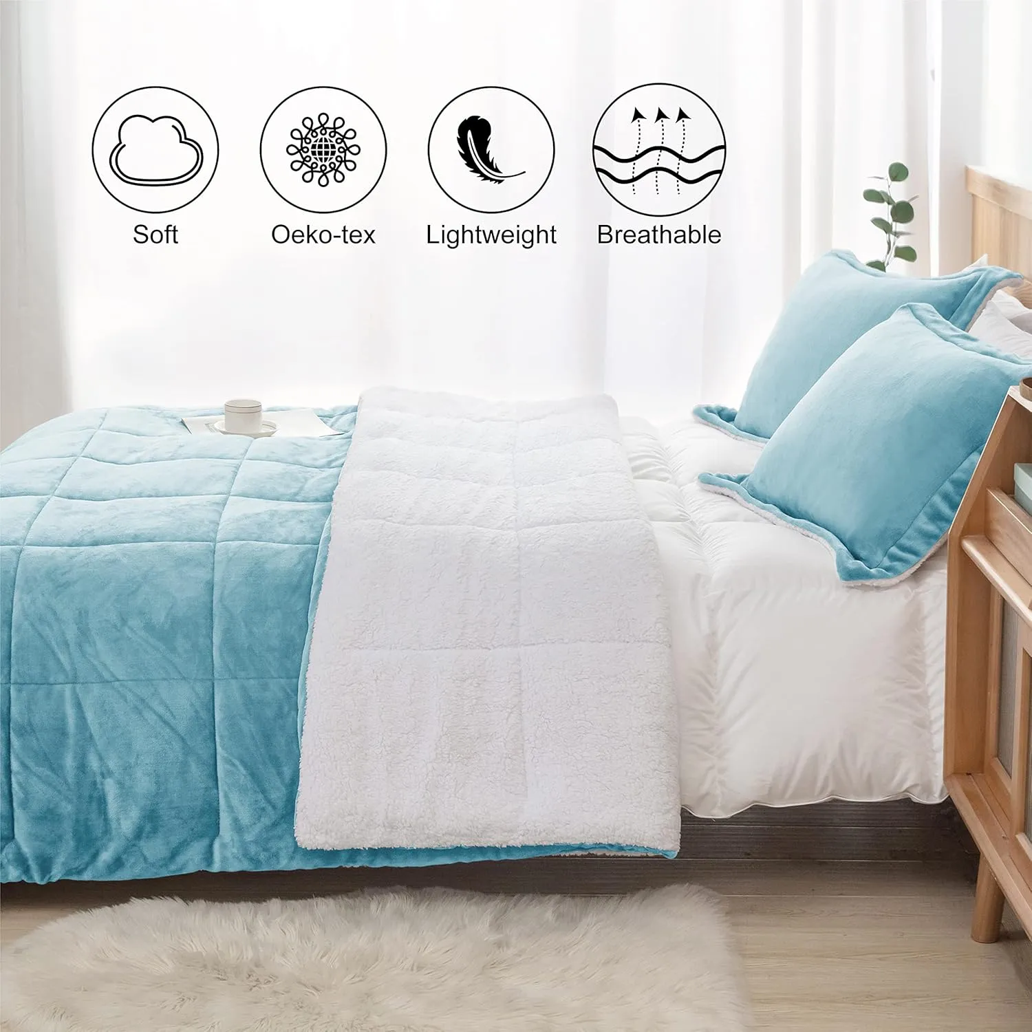 Seward Park Smoke Blue Sherpa Comforter Set Full Queen Size, All Season Soft Warm Fleece Blanket, Winter Bedding Sets with 2 Pillow Shams
