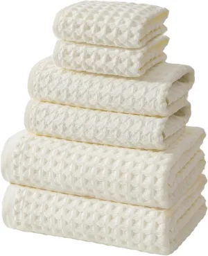SK Studio 6 Piece Cotton Hotel Waffle Towel Set - 2 Bath, 2 Hand, 2 Washcloths - Large, Absorbent, Quick Dry for Bathroom Spa - White