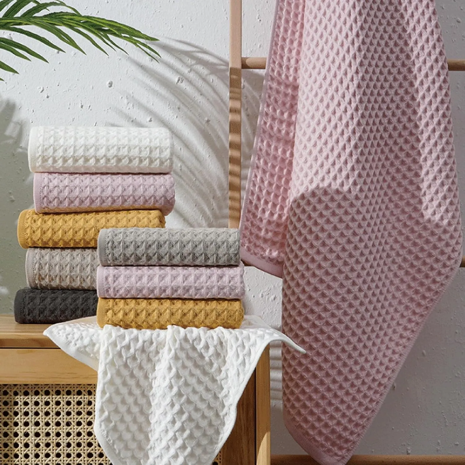 SK Studio 6 Piece Cotton Hotel Waffle Towel Set - 2 Bath, 2 Hand, 2 Washcloths - Large, Absorbent, Quick Dry for Bathroom Spa - White
