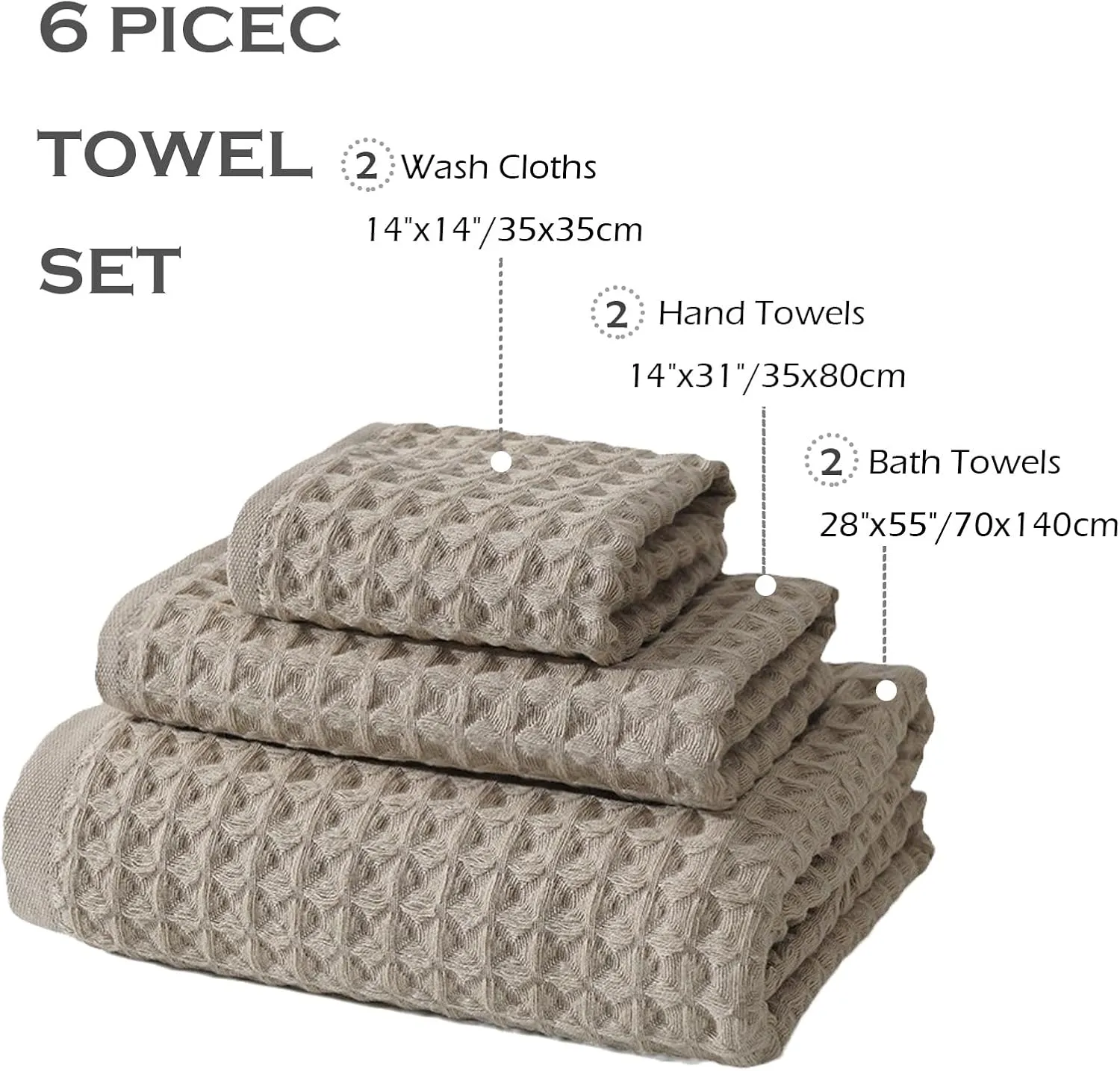 SK Studio 6 Piece Cotton Hotel Waffle Towel Set - 2 Bath, 2 Hand, 2 Washcloths - Large, Absorbent, Quick Dry for Bathroom Spa - White