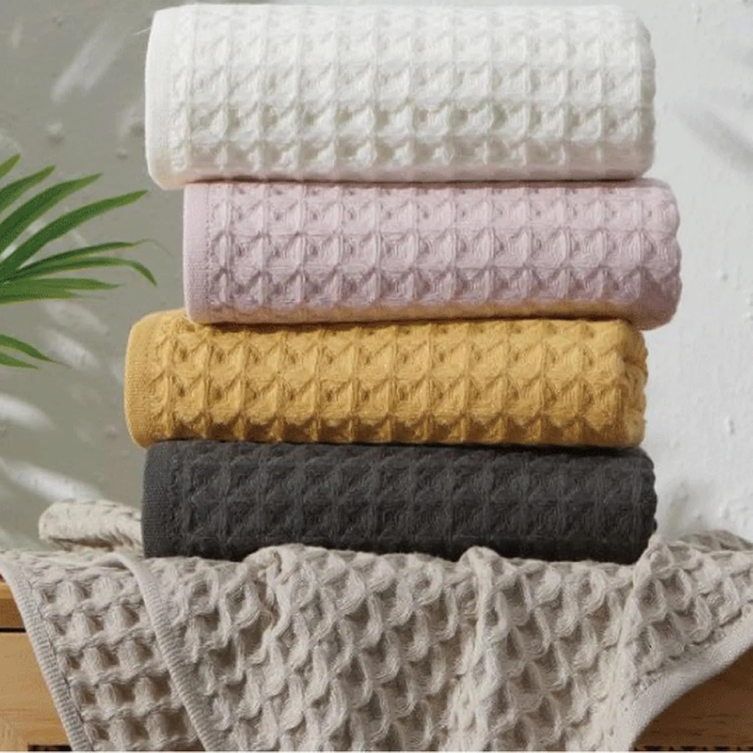 SK Studio 6 Piece Cotton Hotel Waffle Towel Set - 2 Bath, 2 Hand, 2 Washcloths - Large, Absorbent, Quick Dry for Bathroom Spa - White
