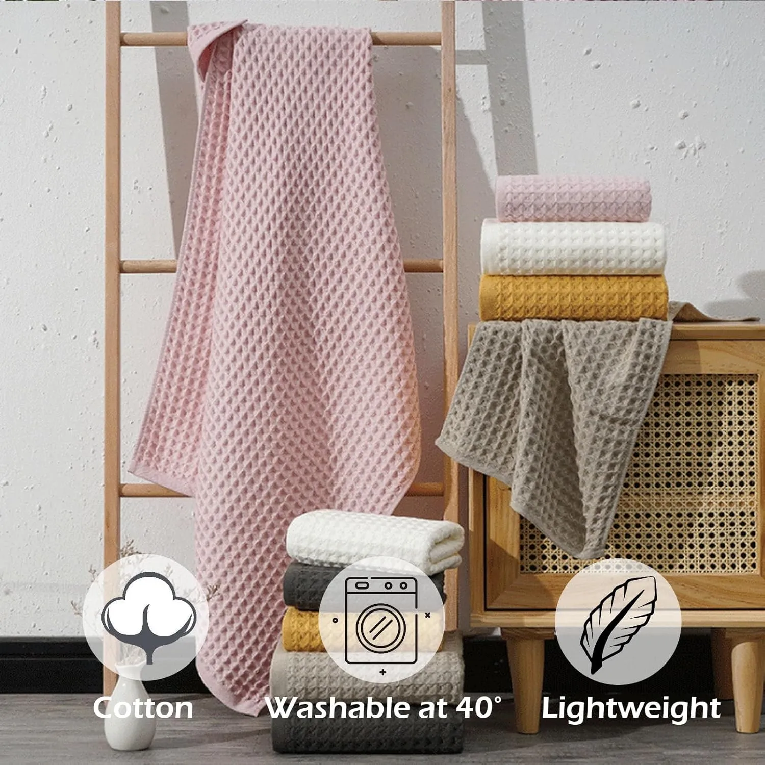 SK Studio 6 Piece Cotton Hotel Waffle Towel Set - 2 Bath, 2 Hand, 2 Washcloths - Large, Absorbent, Quick Dry for Bathroom Spa - White