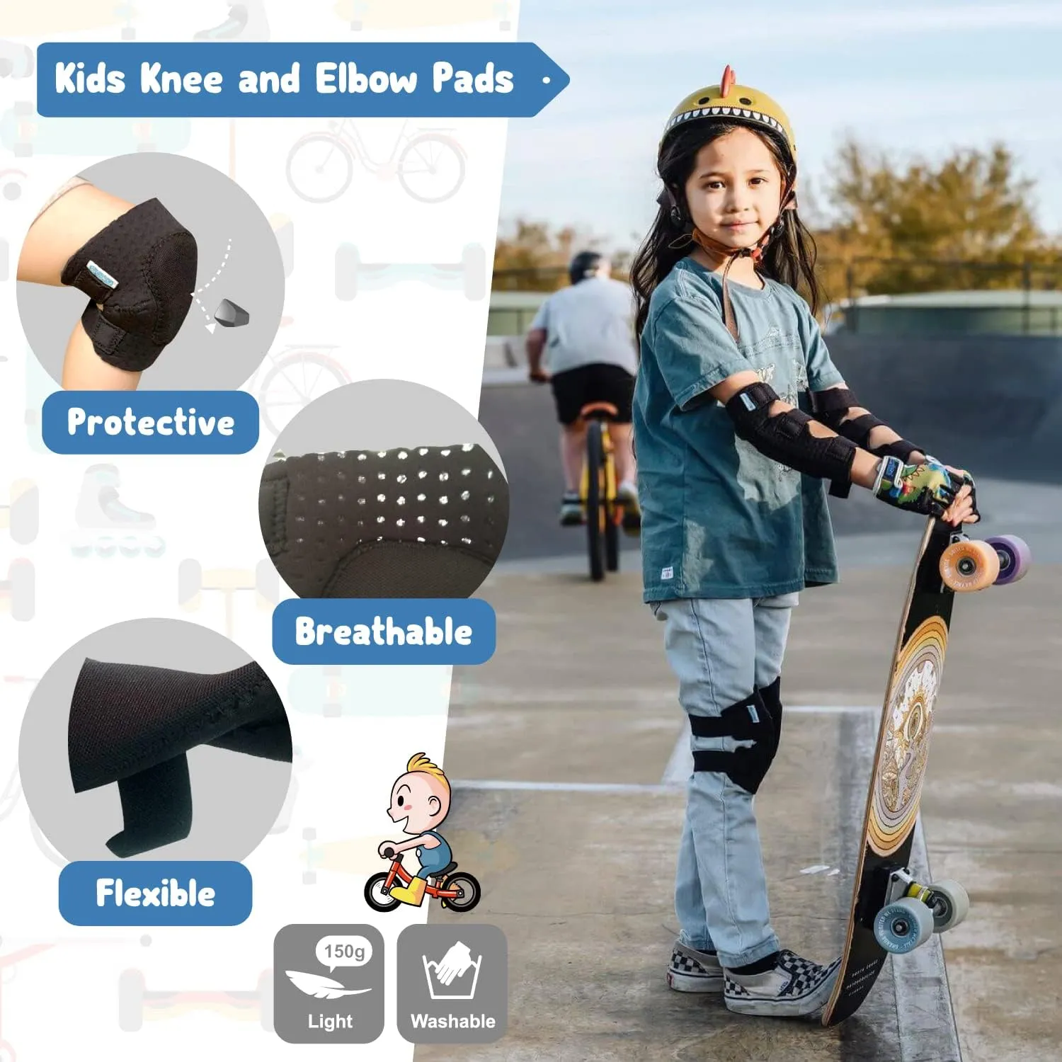 Soft-Style Kids Knee and Elbow Pads with Bike Gloves, Flexible Impact-Resistant Gear for Ages 2-11, Designed for Balance Bikes, Roller-Skating, and Skateboarding