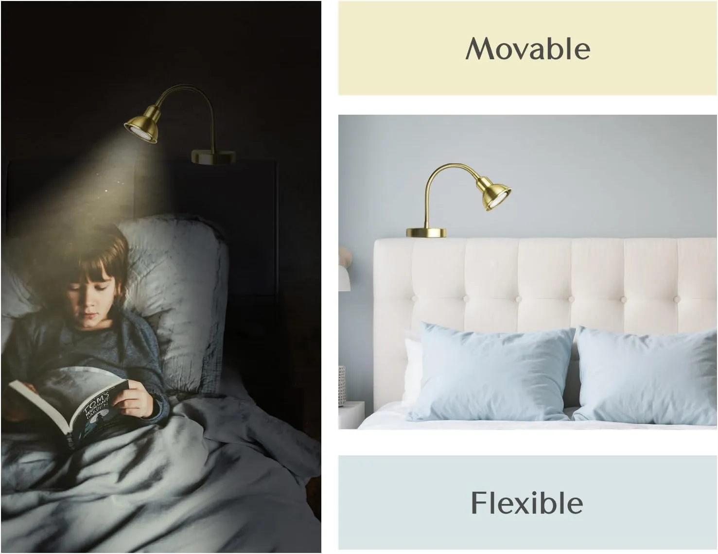 Solfres Patented Innovative Design Headboard Reading Light. No Drilling Golden Book Light for Bedtime Reading. Dimmable LED Book Reading Lamp with Bulb. Movable & Flexible, Gold