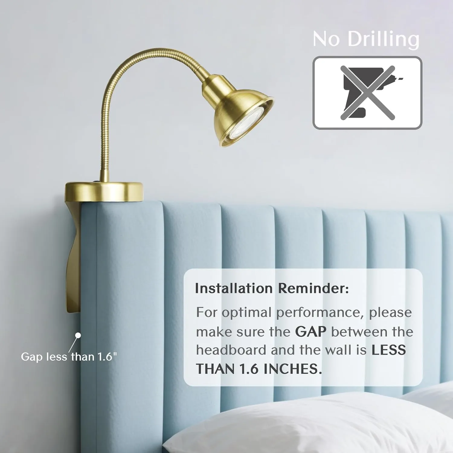 Solfres Patented Innovative Design Headboard Reading Light. No Drilling Golden Book Light for Bedtime Reading. Dimmable LED Book Reading Lamp with Bulb. Movable & Flexible, Gold