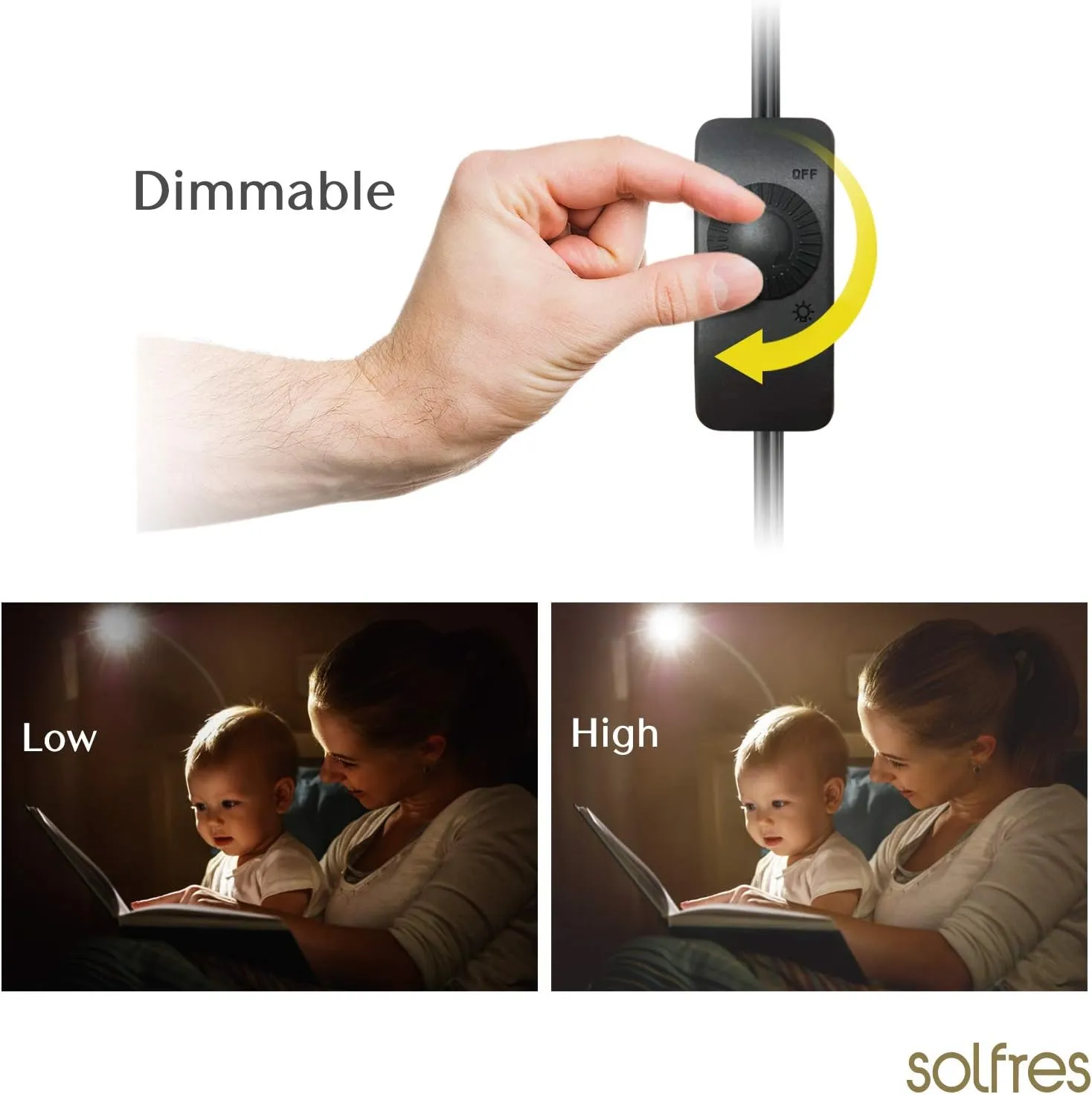 Solfres Patented Innovative Design Headboard Reading Light. No Drilling Golden Book Light for Bedtime Reading. Dimmable LED Book Reading Lamp with Bulb. Movable & Flexible, Gold