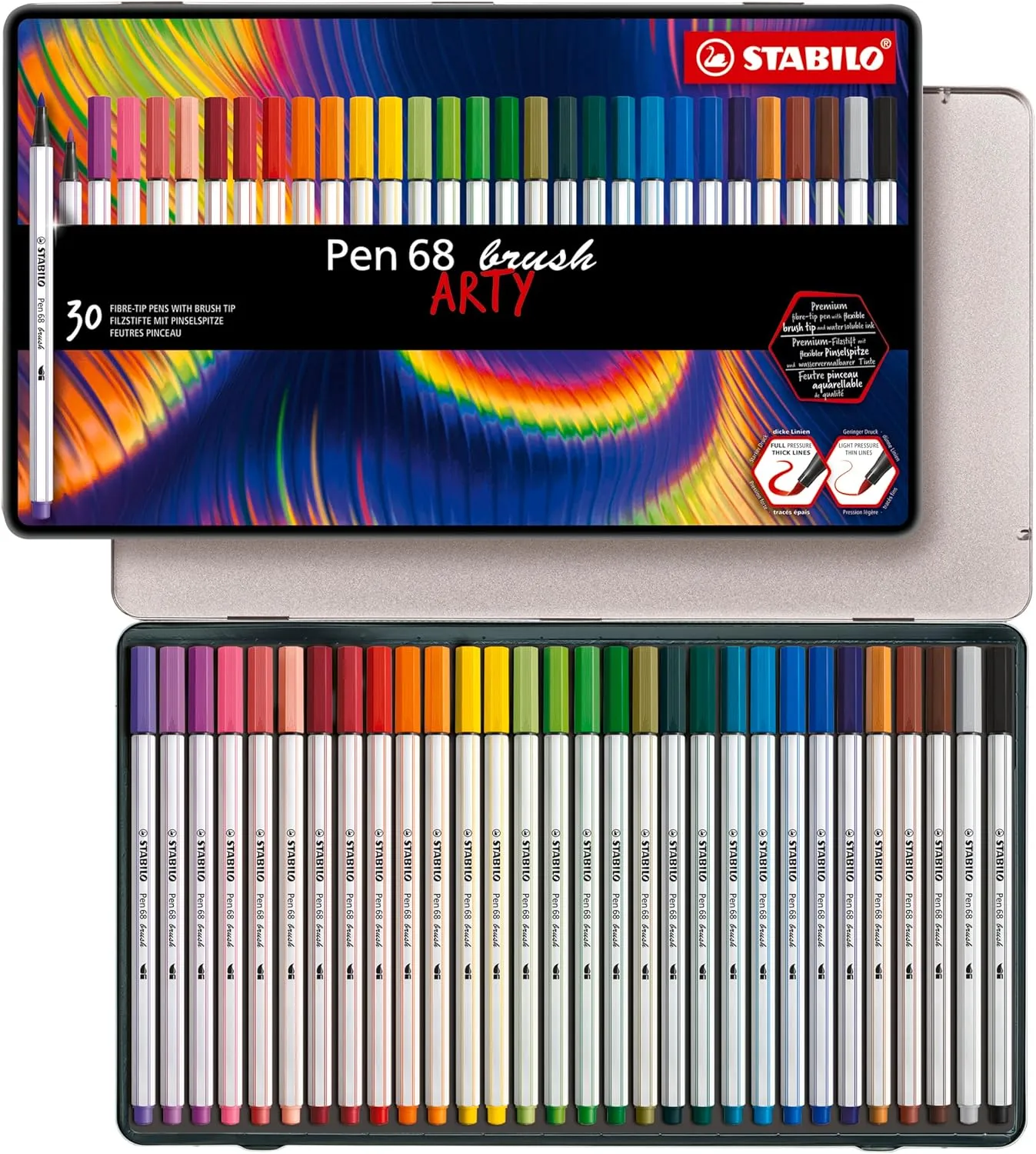 STABILO Premium Fiber-Tip Pen with Brush Tip Pen 68 brush ARTY - Tin of 30 - Assorted Colors