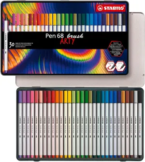 STABILO Premium Fiber-Tip Pen with Brush Tip Pen 68 brush ARTY - Tin of 30 - Assorted Colors