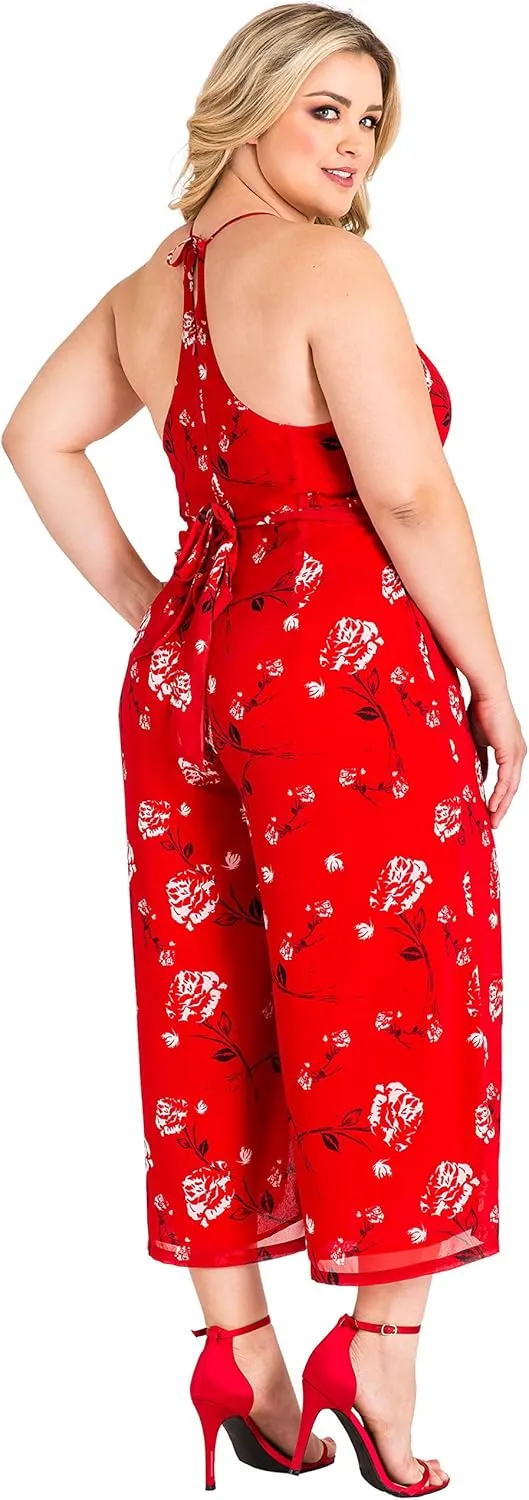 Standards & Practices Plus Size Women's Red Floral Chiffon Slit Capri Jumpsuit