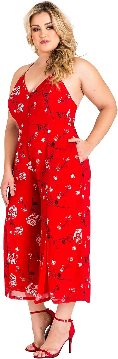 Standards & Practices Plus Size Women's Red Floral Chiffon Slit Capri Jumpsuit