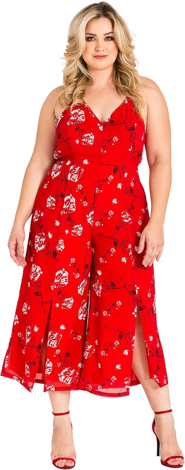 Standards & Practices Plus Size Women's Red Floral Chiffon Slit Capri Jumpsuit