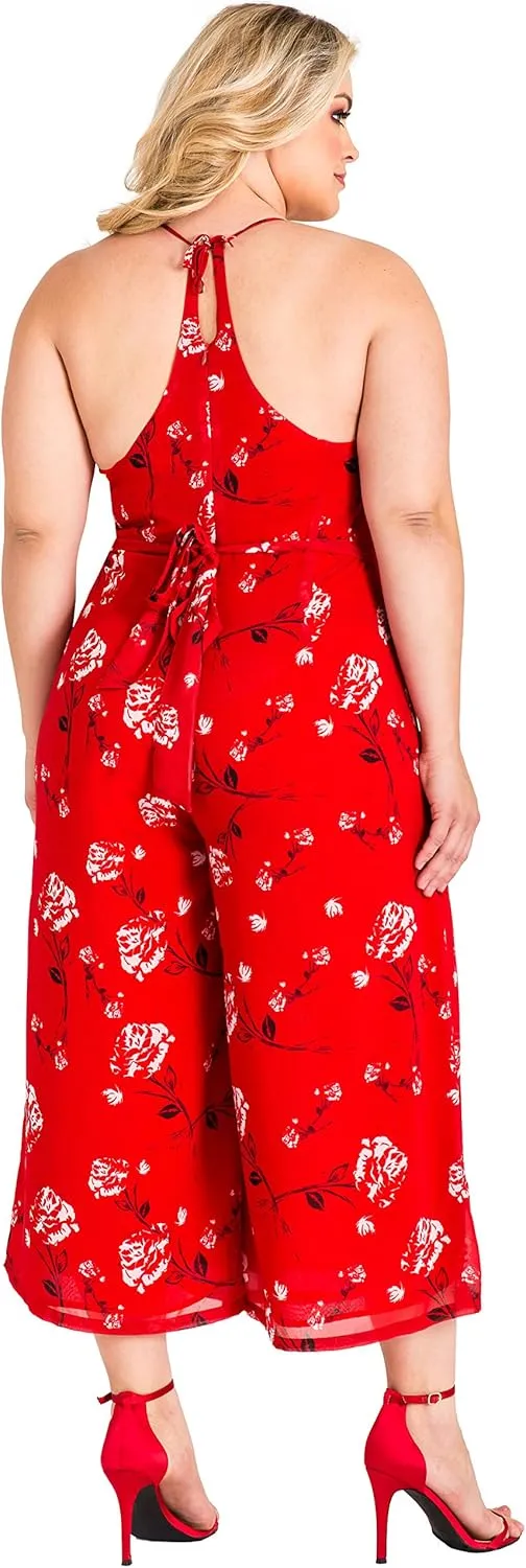 Standards & Practices Plus Size Women's Red Floral Chiffon Slit Capri Jumpsuit