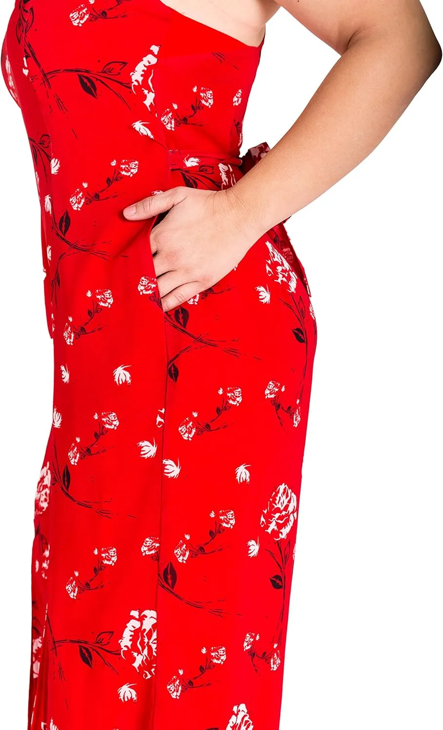 Standards & Practices Plus Size Women's Red Floral Chiffon Slit Capri Jumpsuit