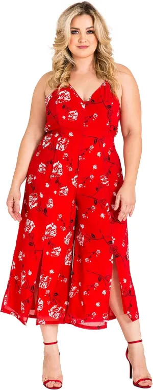 Standards & Practices Plus Size Women's Red Floral Chiffon Slit Capri Jumpsuit