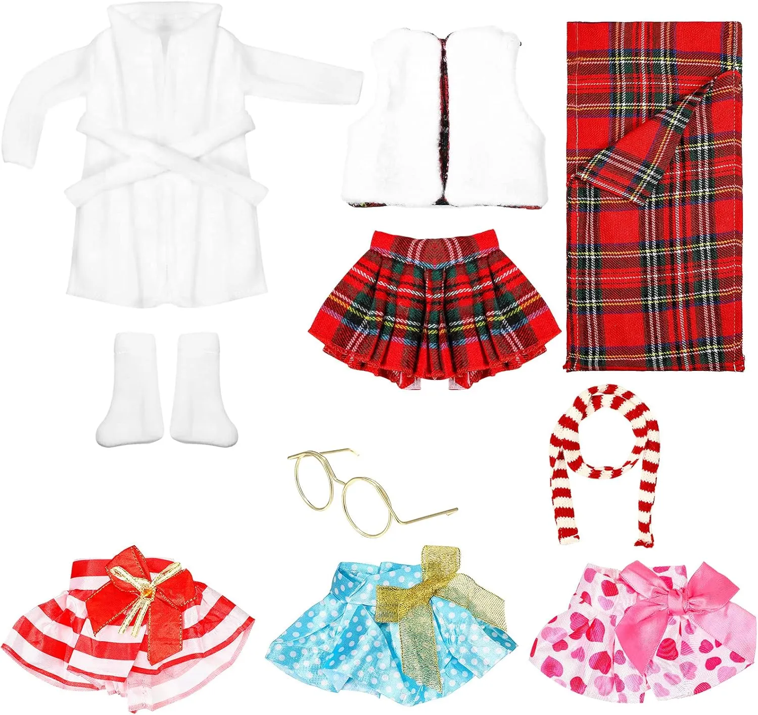Sumind 10 Pieces Christmas Doll Clothes Accessories Santa Doll Clothing Includes Plaid Doll Accessories with Skirts Nightgown Sleeping Bag Scarf Socks and More(Cute Style)