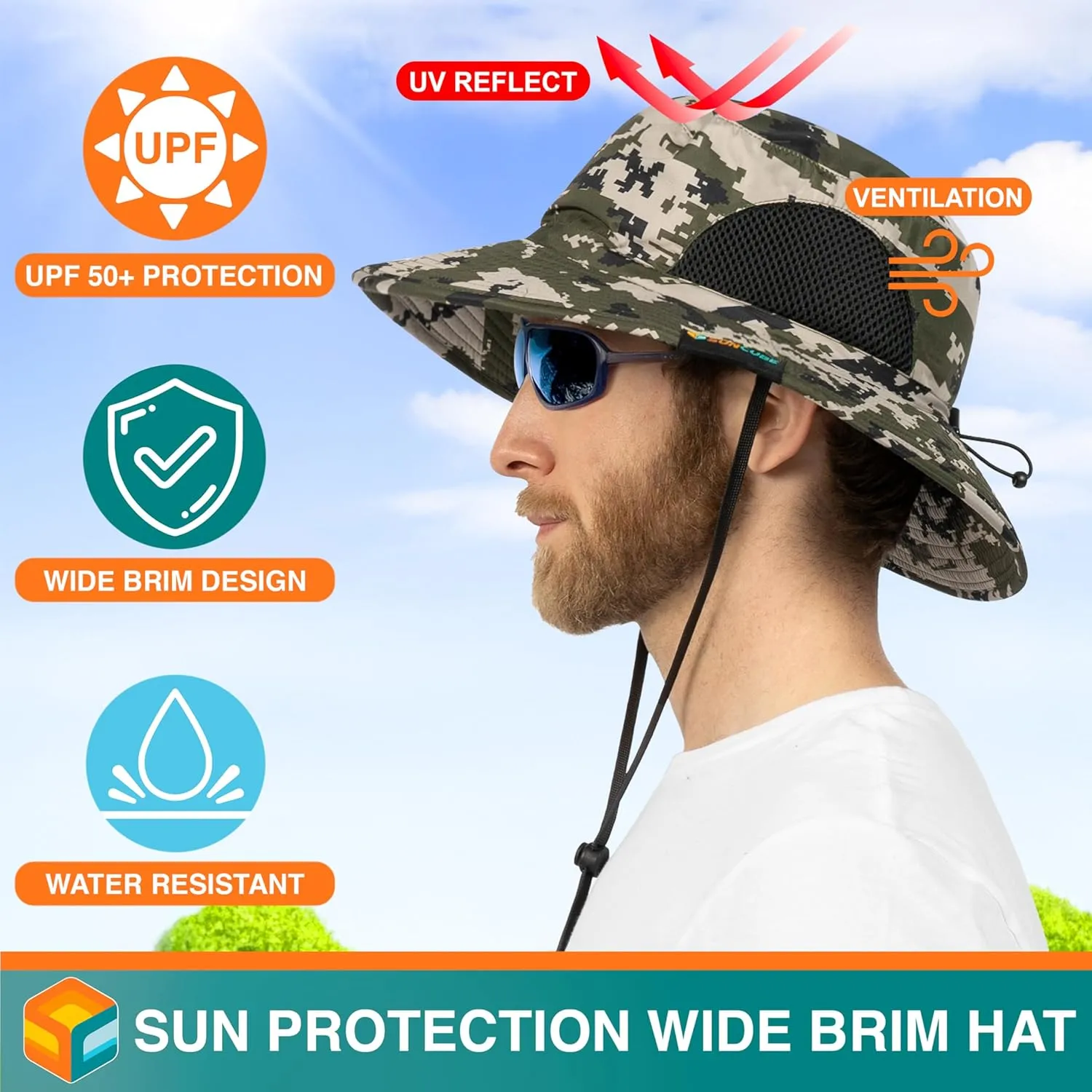SUN CUBE Wide Brim Sun Hat Men Women, Fishing Hats Sun UV Protection, Mens Hiking Bucket Hat Safari Beach Boonie, UPF 50 