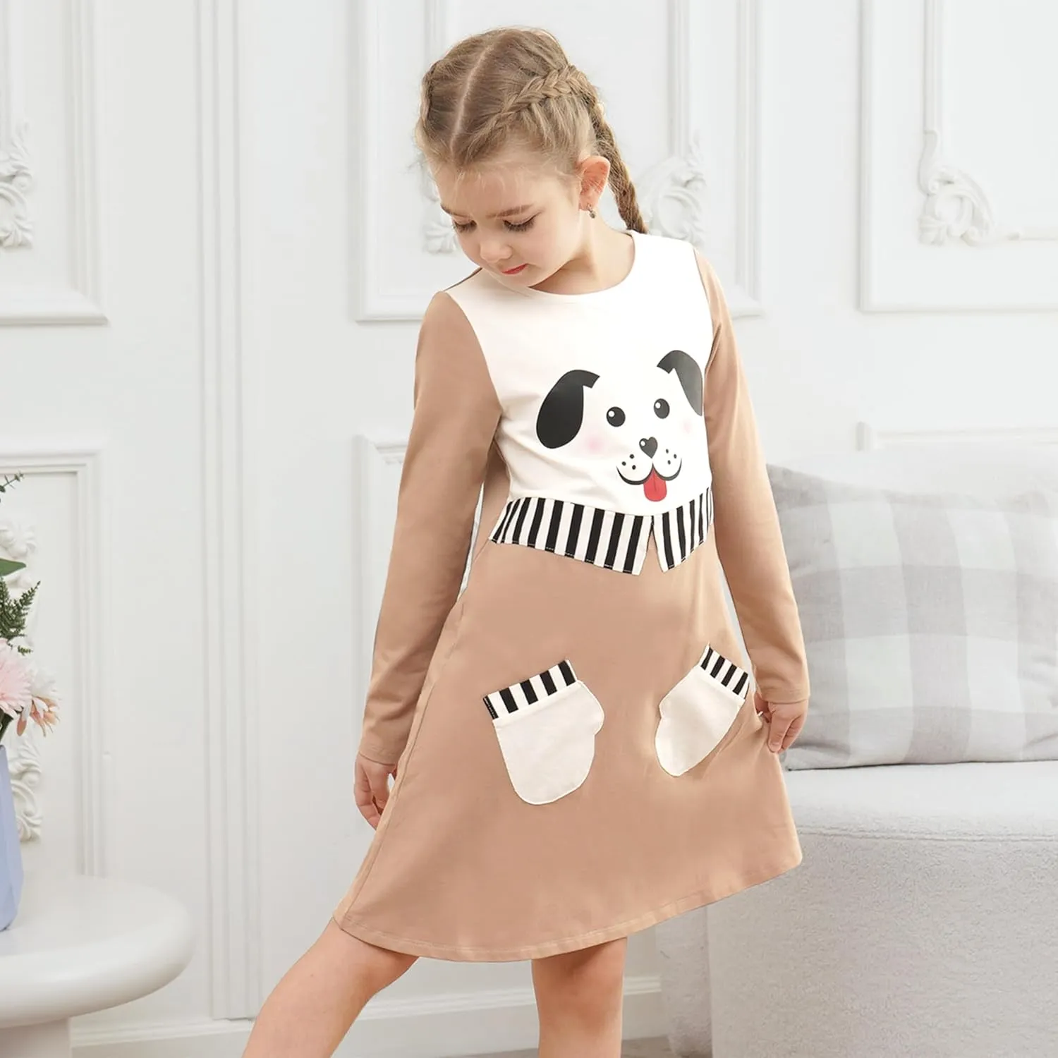 Sunny Fashion Girls Dress Colorful Daisy Flower Rainbow Long Sleeve Cotton
