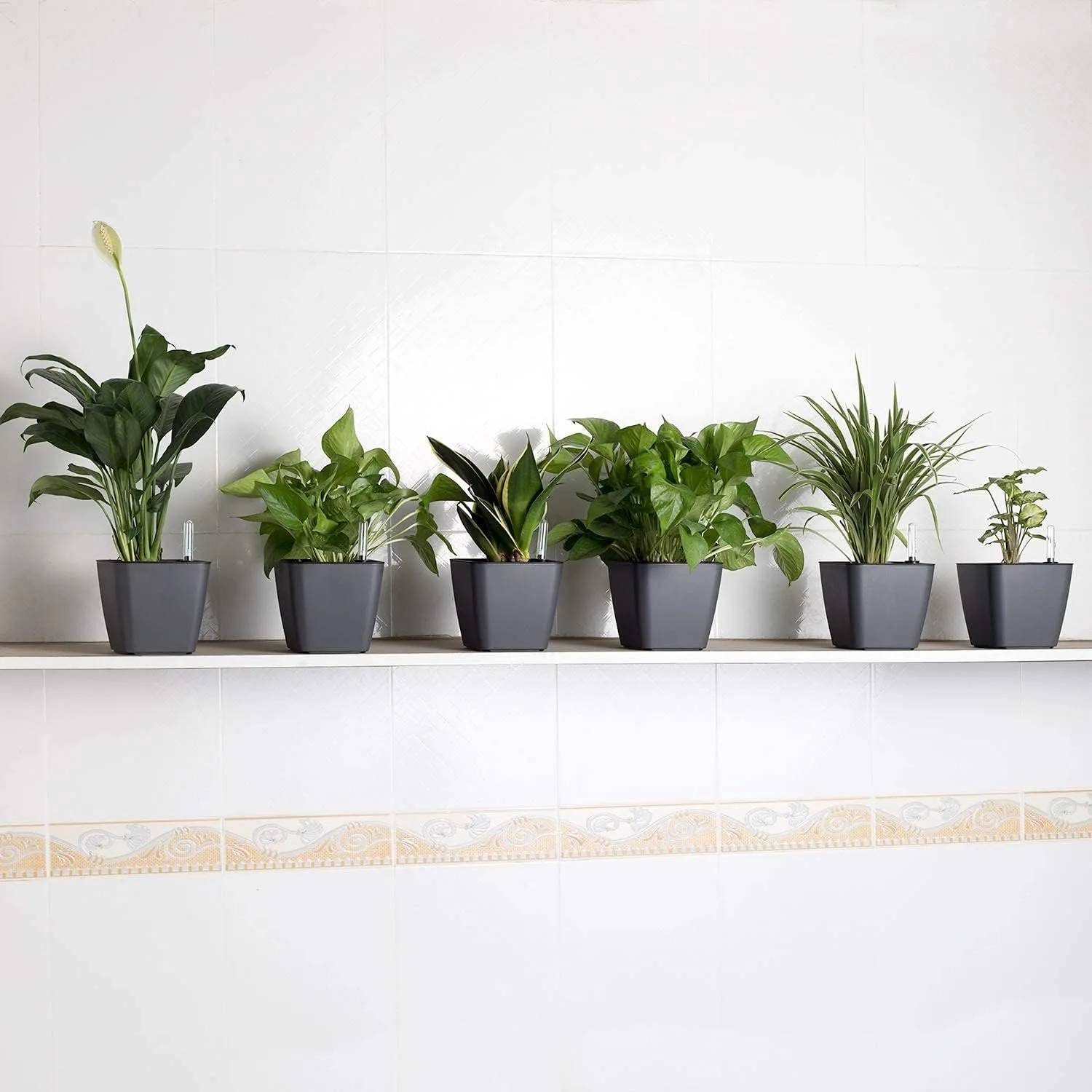 T4U 5.5 Inch Self Watering Plastic Planter with Water Level Indicator Pack of 6 - Grey, Modern Decorative Planter Flower Pot for House Plants, Herbs, Aloe, African Violets, Succulents and More