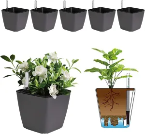 T4U 5.5 Inch Self Watering Plastic Planter with Water Level Indicator Pack of 6 - Grey, Modern Decorative Planter Flower Pot for House Plants, Herbs, Aloe, African Violets, Succulents and More