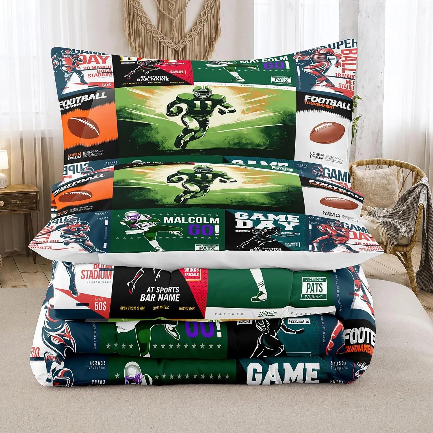 Tailor Shop Football Comforter Set, Full Size, Sports Bedding for Boys with 2 Pillowcases