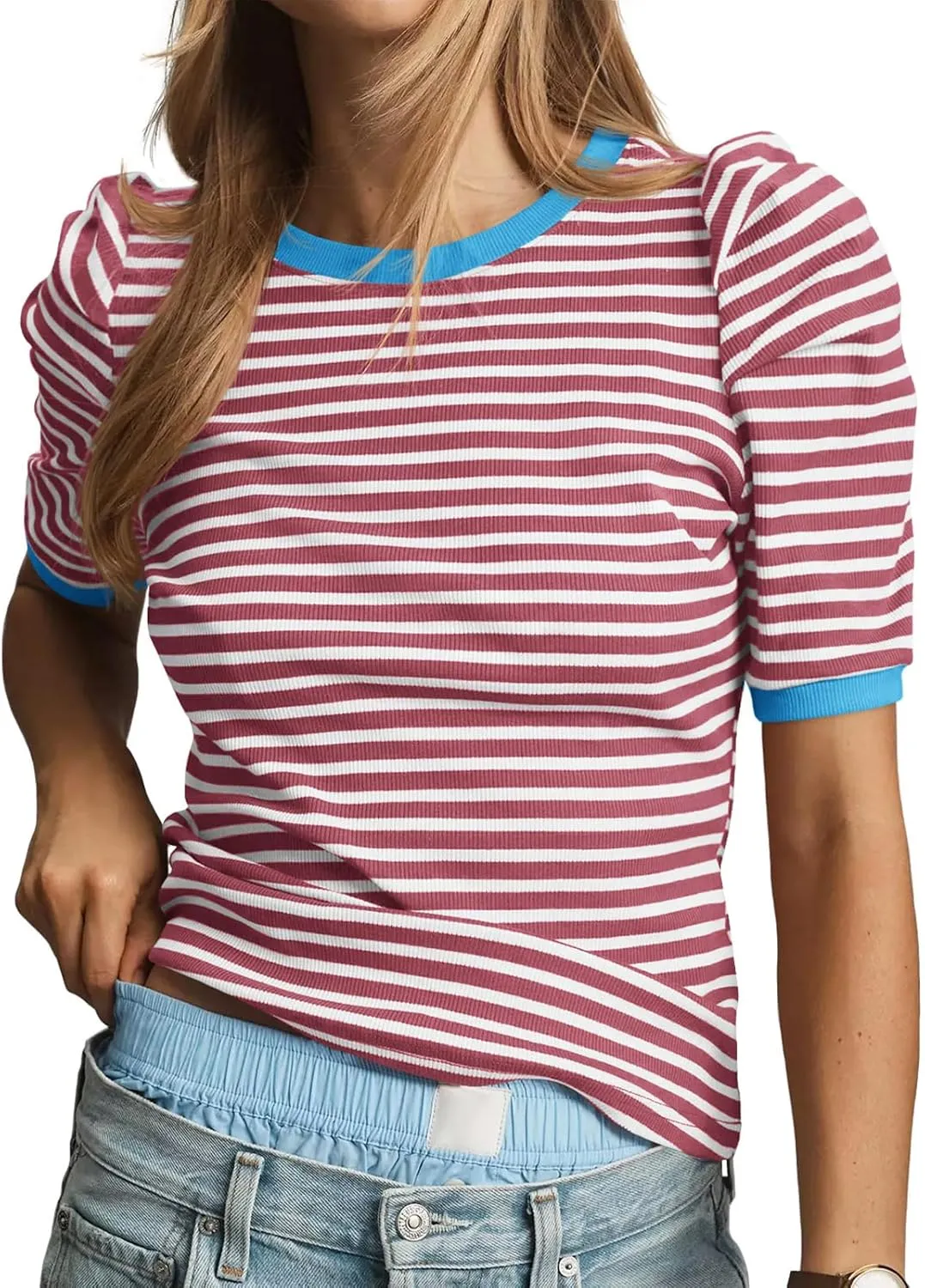 Tankaneo Womens Short Puff Sleeve Tops Trendy Striped Color Block T Shirts Crewneck Casual Shirts