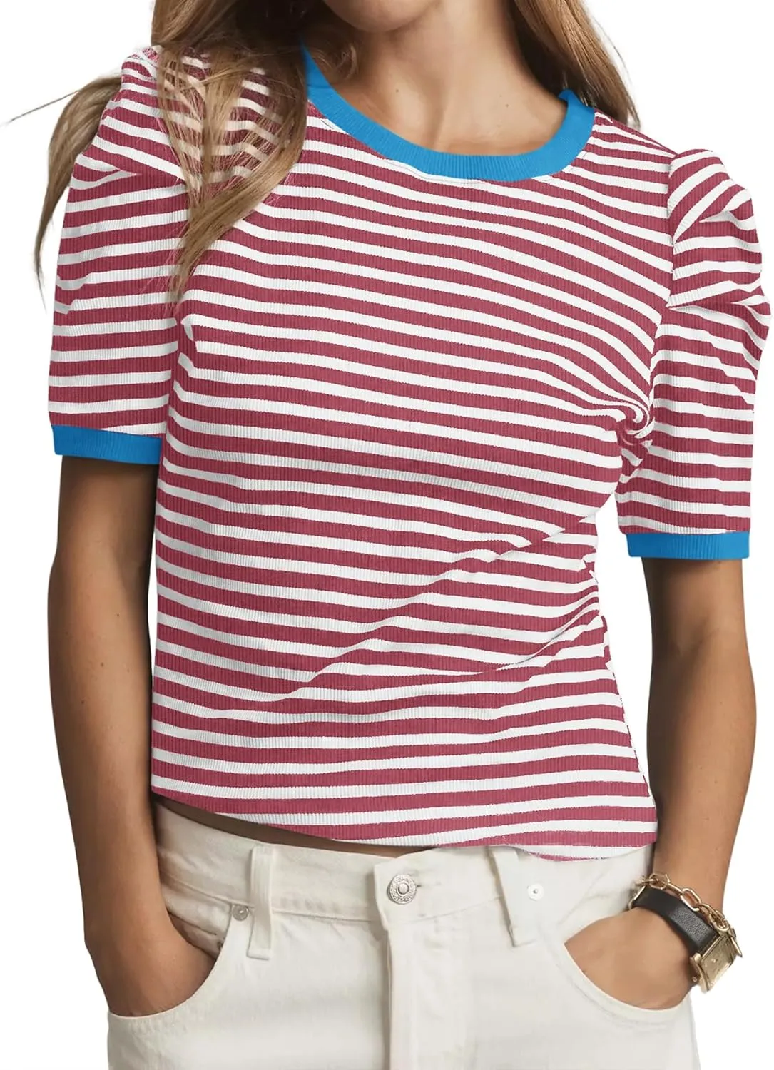 Tankaneo Womens Short Puff Sleeve Tops Trendy Striped Color Block T Shirts Crewneck Casual Shirts