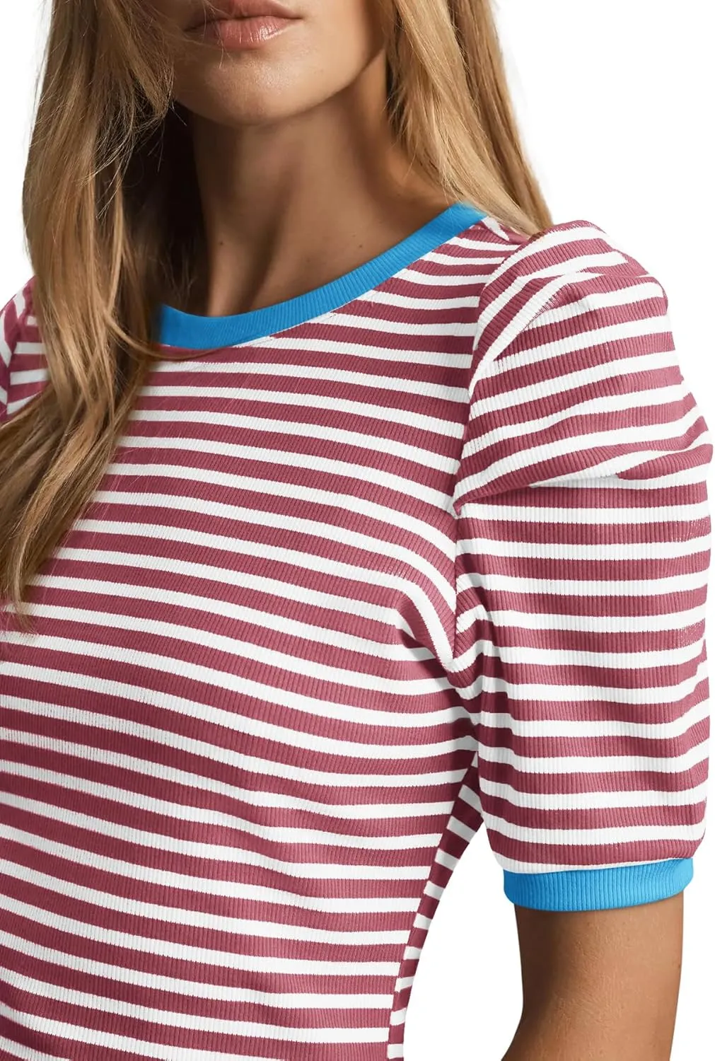 Tankaneo Womens Short Puff Sleeve Tops Trendy Striped Color Block T Shirts Crewneck Casual Shirts