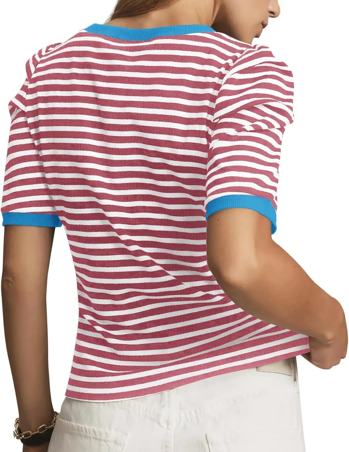 Tankaneo Womens Short Puff Sleeve Tops Trendy Striped Color Block T Shirts Crewneck Casual Shirts