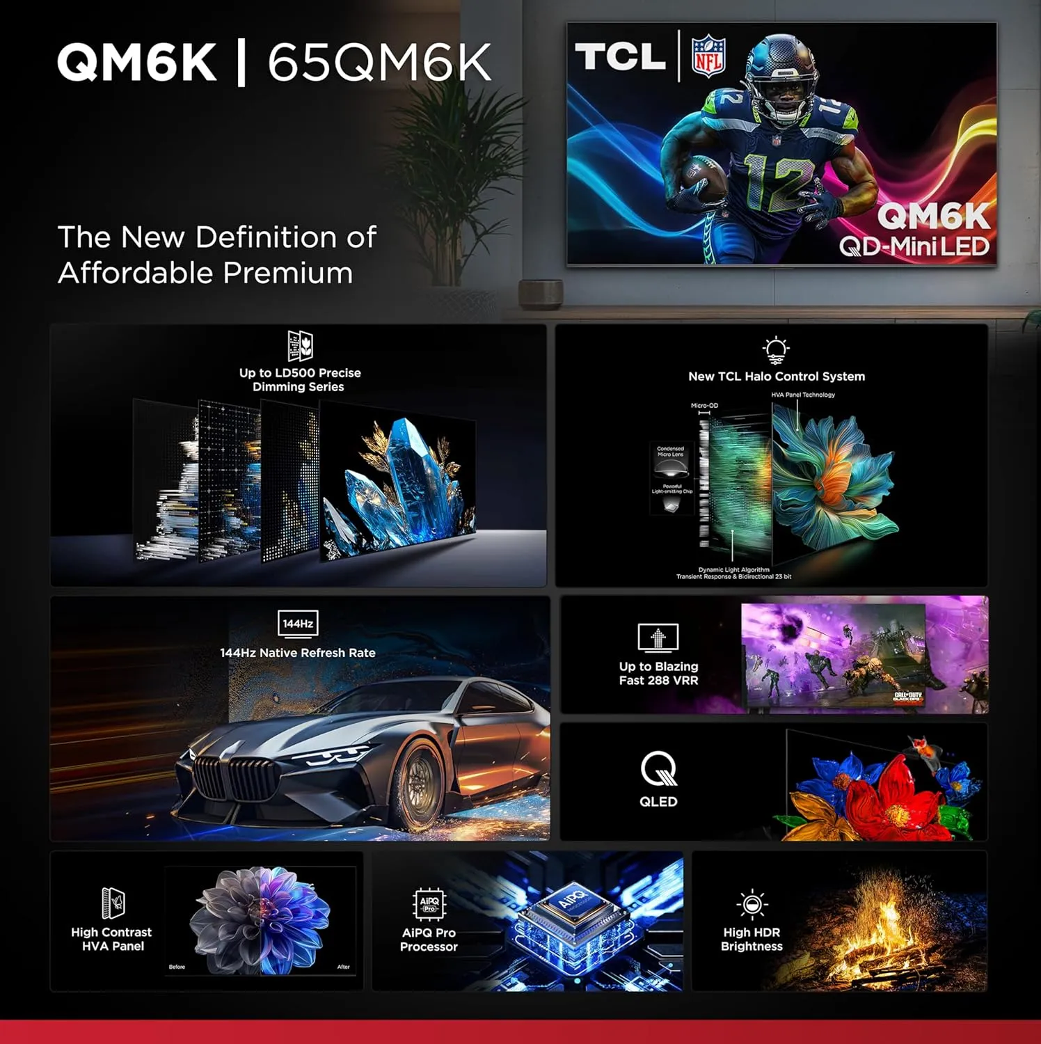 TCL 65-Inch QM6K QLED 4K Smart QD-Mini LED TV with Google TV (65QM6K, 2025 Model) Dolby Vision IQ, Dolby Atmos, HDR, Game Accelerator up to 288Hz, Voice Remote, Works with Alexa, Streaming Television