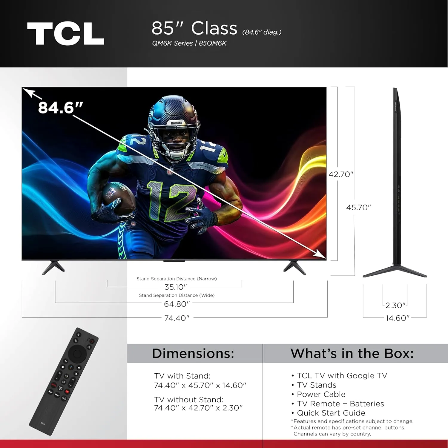 TCL 85-Inch QM6K QLED 4K Smart QD-Mini LED TV with Google TV (85QM6K, 2025 Model) Dolby Vision IQ, Dolby Atmos, HDR, Game Accelerator up to 288Hz, Voice Remote, Works with Alexa, Streaming Television
