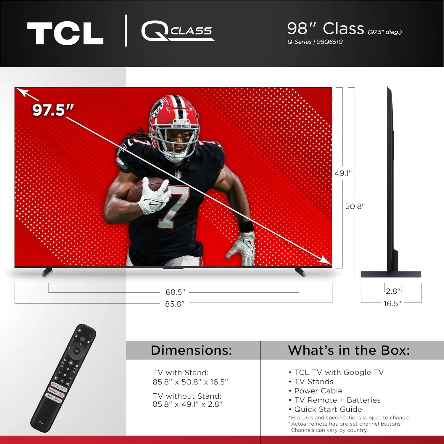 TCL 98-Inch Q65 QLED 4K UHD Smart TV with Google TV (98Q651G, 2024 Model) Dolby Vision, Dolby Atmos, HDR Pro , Game Accelerator Enhanced Gaming, Voice Remote, Works with Alexa, Streaming Television