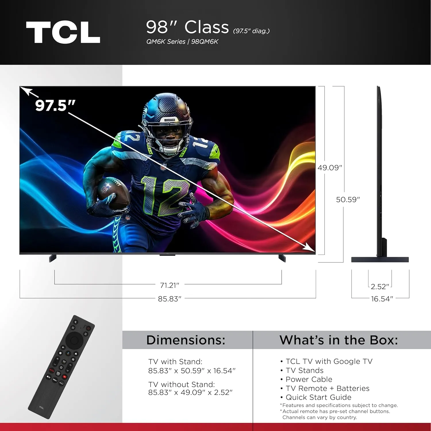 TCL 98-Inch QM6K QLED 4K Smart QD-Mini LED TV with Google TV (98QM6K, 2025 Model) Dolby Vision IQ, Dolby Atmos, HDR, Game Accelerator up to 288Hz, Voice Remote, Works with Alexa, Streaming Television
