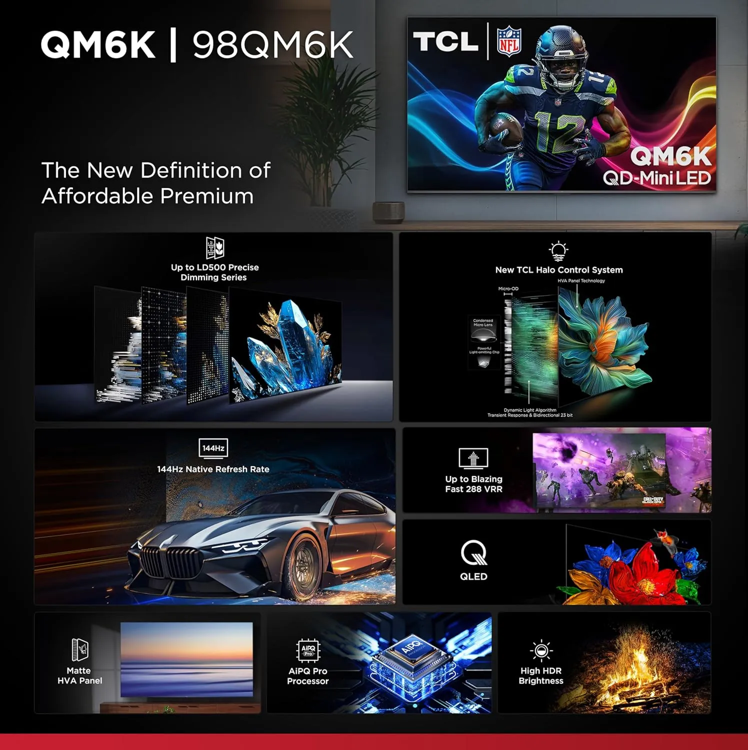 TCL 98-Inch QM6K QLED 4K Smart QD-Mini LED TV with Google TV (98QM6K, 2025 Model) Dolby Vision IQ, Dolby Atmos, HDR, Game Accelerator up to 288Hz, Voice Remote, Works with Alexa, Streaming Television