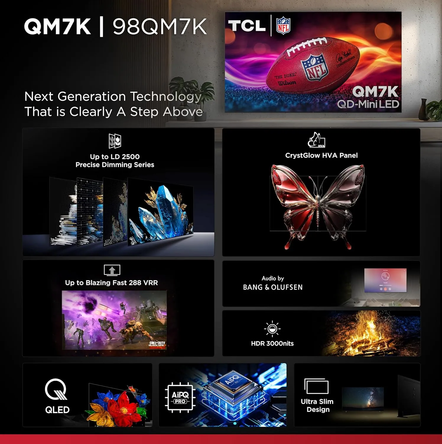 TCL 98-Inch QM7K QLED 4K Smart QD-Mini LED TV with Google TV (98QM7K, 2025 Model) Dolby Vision IQ, Dolby Atmos, HDR, Game Accelerator up to 288Hz, Voice Remote, Works with Alexa, Streaming Television