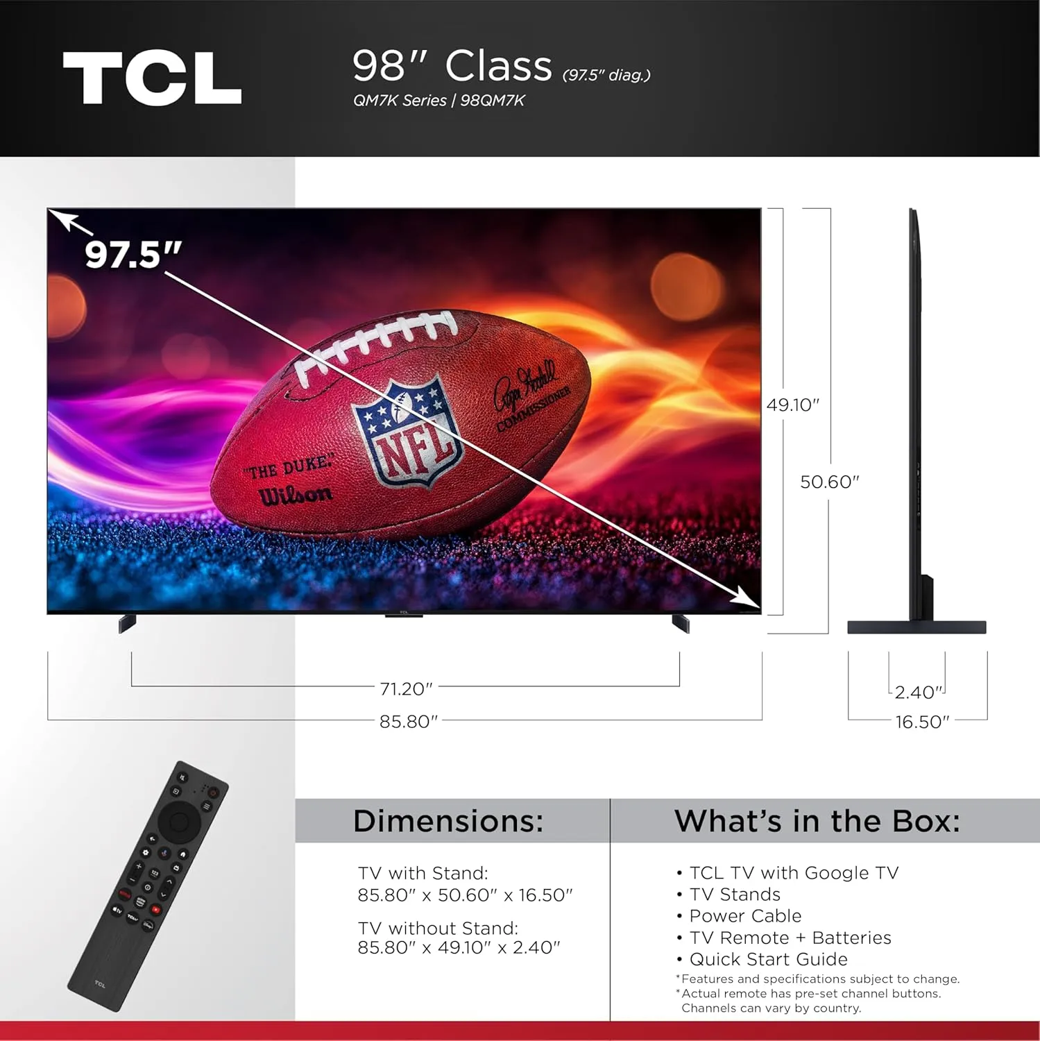 TCL 98-Inch QM7K QLED 4K Smart QD-Mini LED TV with Google TV (98QM7K, 2025 Model) Dolby Vision IQ, Dolby Atmos, HDR, Game Accelerator up to 288Hz, Voice Remote, Works with Alexa, Streaming Television