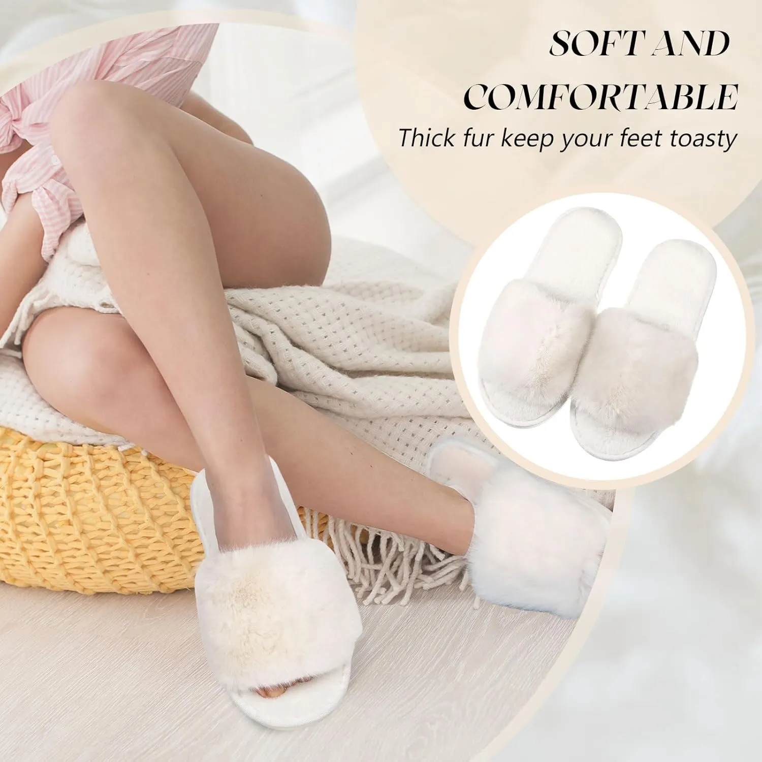 Toulite Bridesmaid Slippers Set of 6 White Fuzzy Slippers for Women Bulk Fluffy Furry Open Toe Soft House Shoes