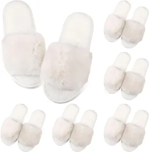 Toulite Bridesmaid Slippers Set of 6 White Fuzzy Slippers for Women Bulk Fluffy Furry Open Toe Soft House Shoes