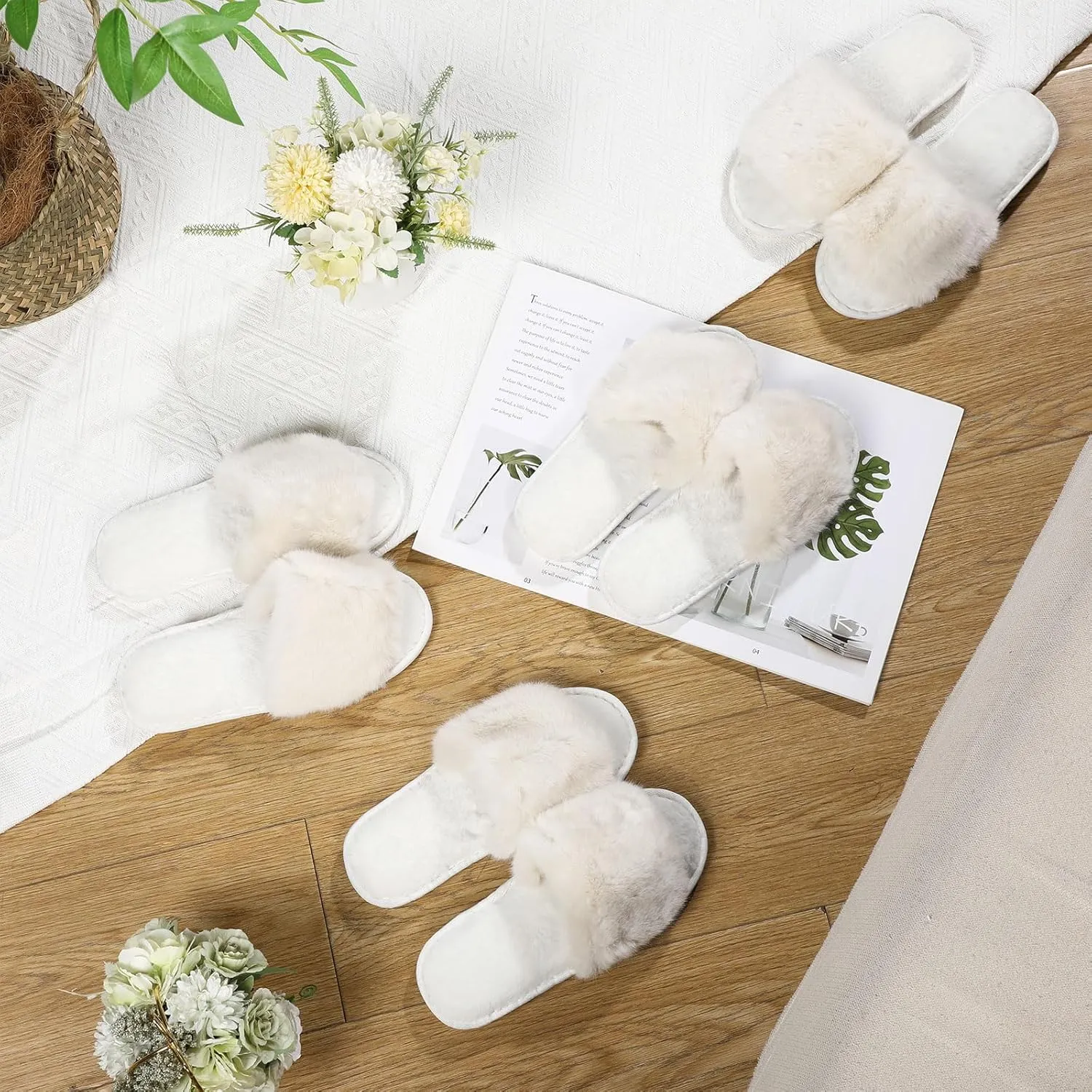 Toulite Bridesmaid Slippers Set of 6 White Fuzzy Slippers for Women Bulk Fluffy Furry Open Toe Soft House Shoes