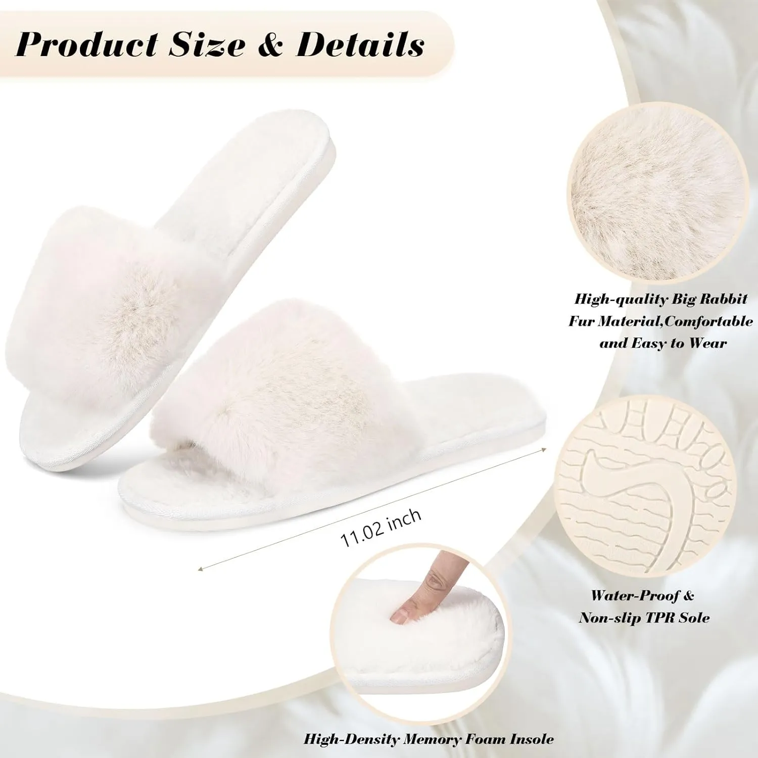 Toulite Bridesmaid Slippers Set of 6 White Fuzzy Slippers for Women Bulk Fluffy Furry Open Toe Soft House Shoes