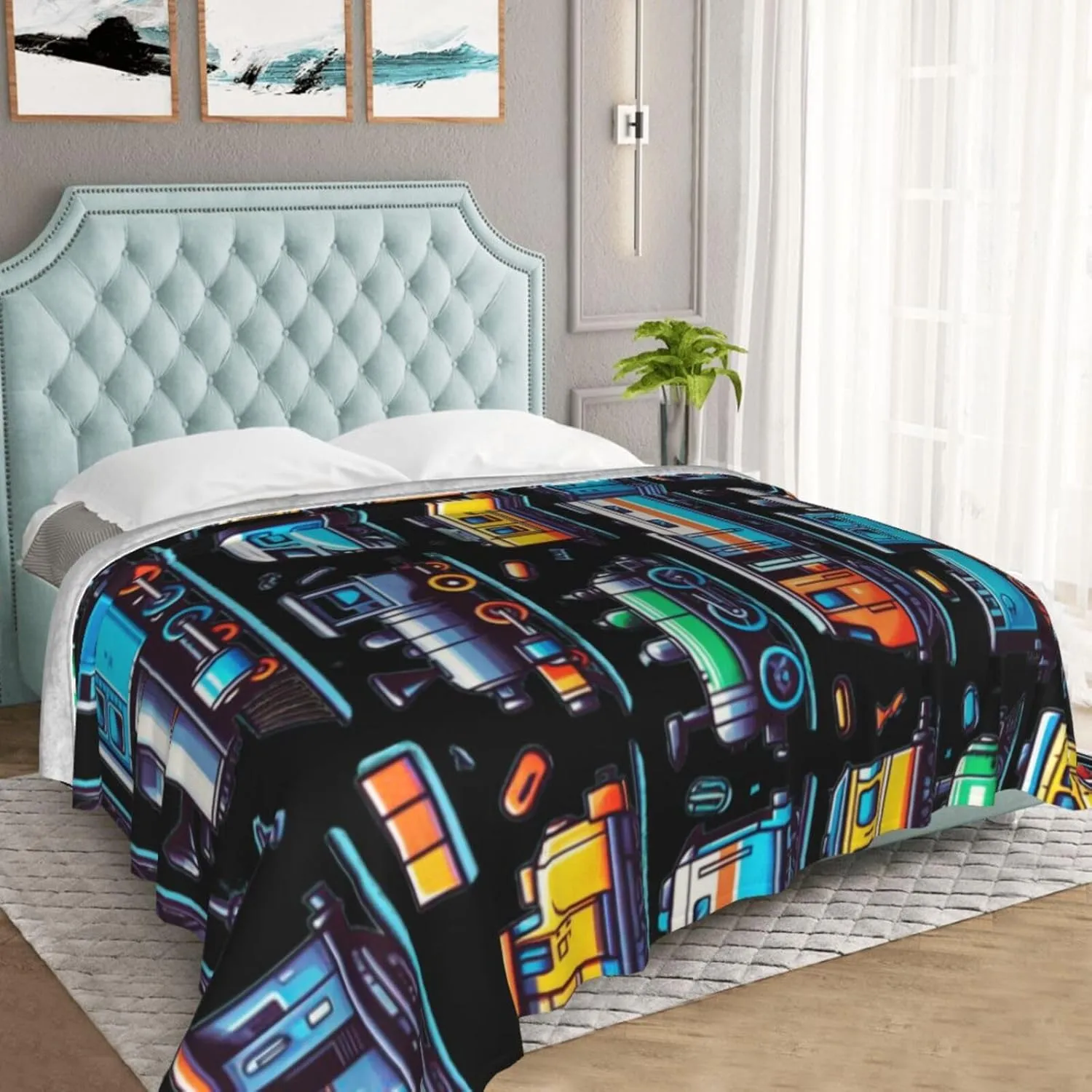 Train Throw Blanket, 50" x 40" Flannel Cute Trains Themed Stuffed Throw, Soft Nap Throw Blankets for Home Boys Girls Women Train Lovers
