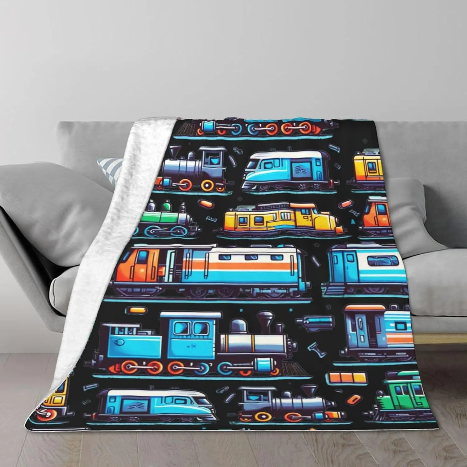 Train Throw Blanket, 50" x 40" Flannel Cute Trains Themed Stuffed Throw, Soft Nap Throw Blankets for Home Boys Girls Women Train Lovers