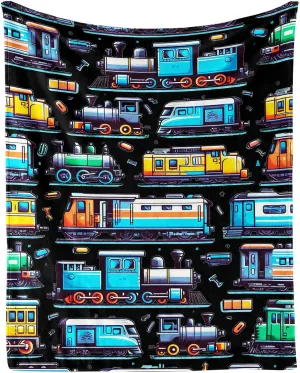 Train Throw Blanket, 50" x 40" Flannel Cute Trains Themed Stuffed Throw, Soft Nap Throw Blankets for Home Boys Girls Women Train Lovers