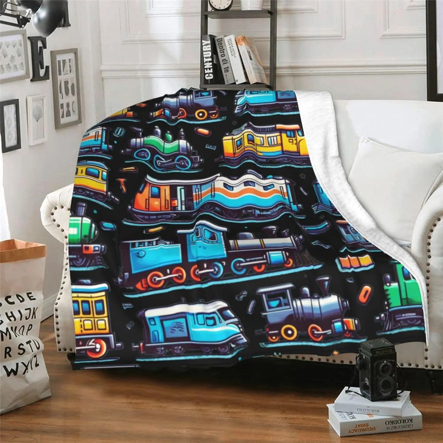 Train Throw Blanket, 50" x 40" Flannel Cute Trains Themed Stuffed Throw, Soft Nap Throw Blankets for Home Boys Girls Women Train Lovers